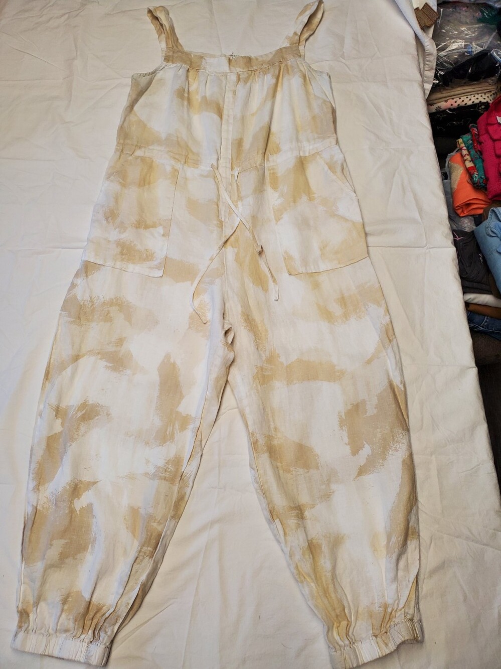 DKNY Pure Women's L 100% Linen Jumpsuit Ivory Tan Brushstroke Print Jogger